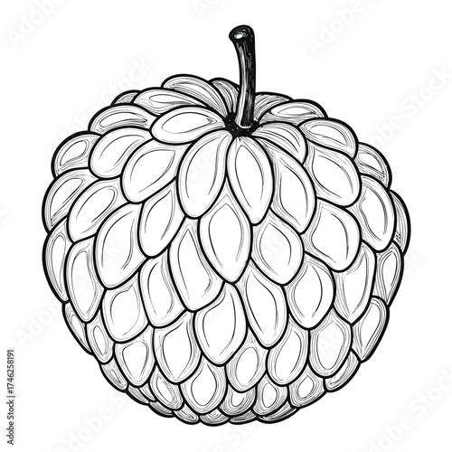 Detailed sketch of a cherimoya fruit with a textured scale like exterior