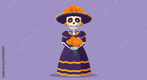 An elegant Calavera Catrina, adorned in traditional attire and holding marigolds, is presented in this charming flat design illustration.