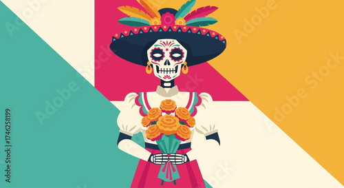 An elegant Calavera Catrina, adorned in traditional attire and holding marigolds, is presented in this charming flat design illustration.