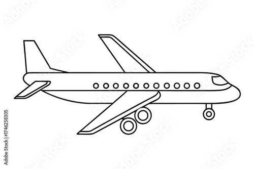 Simple black and white line drawing of a commercial passenger airplane