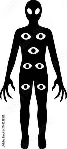 Silhouette of human with multiple glowing eyes across body vector with white background 