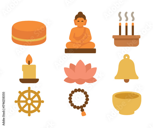 Vector Buddhist symbols collection: meditation, incense, buddha, candle, lotus, bell, dharma wheel, mala, bowl