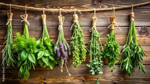 A variety of fresh herbs are hanging from a rope against a wooden background. The herbs include basil, lavender, thyme, and oregano.