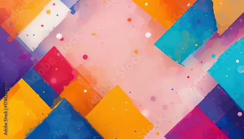 Vibrant abstract geometric shapes in a joyful explosion of colors create a dynamic and celebratory background perfect for modern design projects.