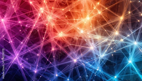Dynamic abstract network of glowing lights and lines, visualizing complex connections and data flow in vibrant neon hues