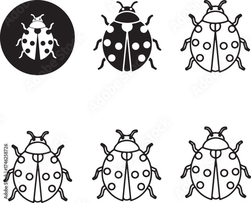 Three sets of black and white ladybug icons on transparent background silhouette
