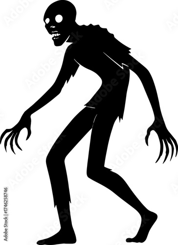 Silhouette of limping zombie with twisted spine - horror pose vector with white background 