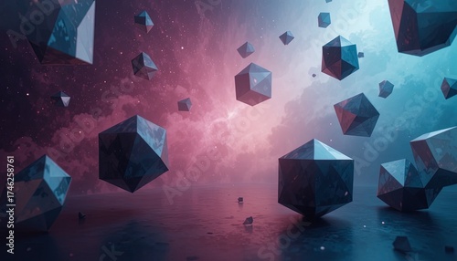 Abstract geometric shapes float in a surreal cosmic nebula with vibrant pink and blue nebulae and shimmering stars creating a mesmerizing ethereal scene.