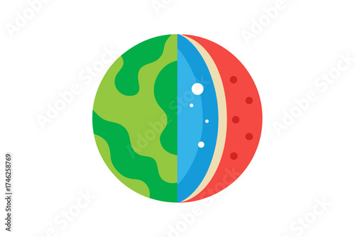 Abstract representation of a watermelon slice with colorful layers and seeds