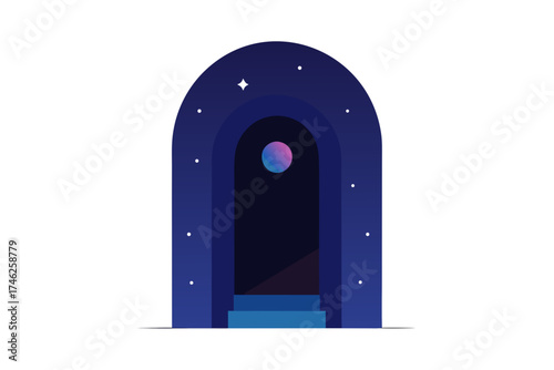 Cosmic archway with planet and stars