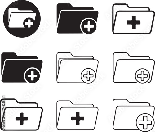 Black folder icons with plus signs various styles on transparent background silhouette
