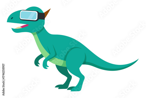 Cute cartoon dinosaur wearing virtual reality goggles