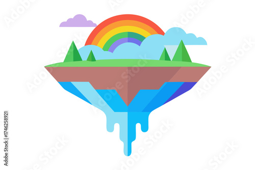 Floating island with a rainbow and waterfall in flat design style