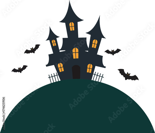 Spooky haunted mansion on a hill with bats flying around for halloween festivities isolated on transparent background