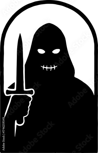 Silhouette of masked cult leader with glowing eyes - horror logo vector with white background 