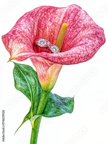 Pink flower with wedding rings representing love and elegance on white background, small gestures of love, beauty blogs, jewelry artistic advertising, jewelry promo, jewelry catalogs, diamonds visuals