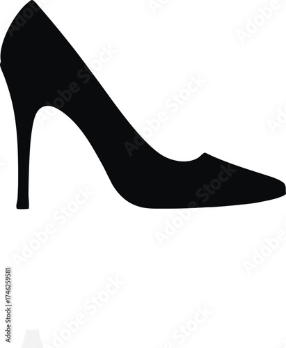 A simple black silhouette of a classic high heeled shoe on white