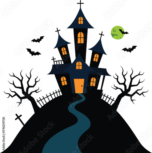 Spooky haunted house with bats and creepy trees for halloween celebration isolated on transparent background