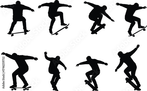 Skateboarder silhouettes, skateboarding tricks sequence, extreme sports illustration, dynamic motion, athlete action, urban lifestyle, balance skill, 