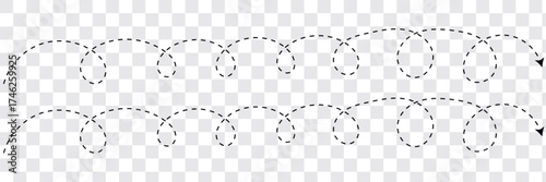 Set of long squiggle dashed, dotted line arrows vector template illustration