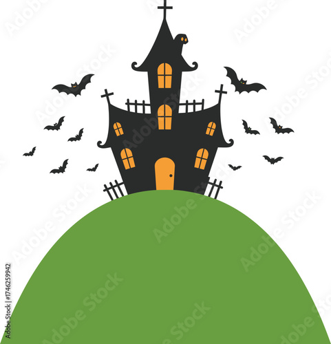 Spooky haunted mansion on a hill with bats flying around for halloween celebrations and decorations isolated on transparent background
