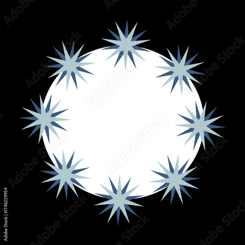 Round holiday frame of snowflakes. Star shapes. Flat vector design. Blue and gray color. Black background. Christmas, New Year.