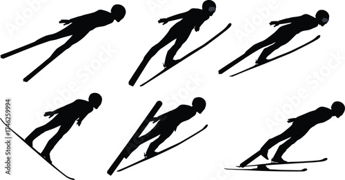 Ski jumping silhouette, winter sport, athlete in motion, ski jump sequence, snow activity, extreme sport, aerodynamic posture, landing stance, competition, training