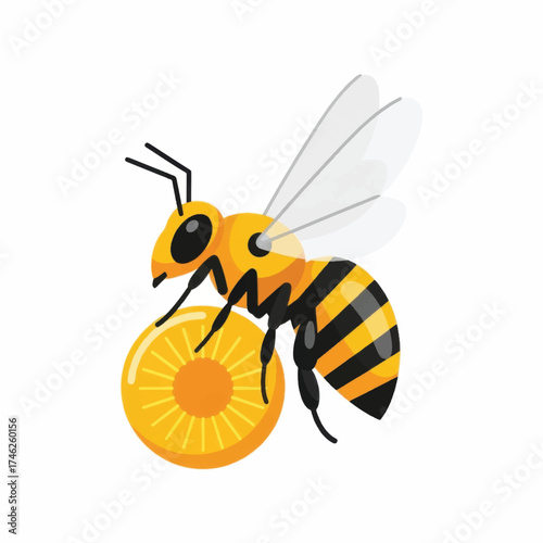 A vibrant illustration of a honeybee carrying a golden honeycomb.