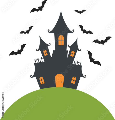 Spooky haunted mansion silhouette with bats flying around for halloween decorations and celebrations isolated on transparent background