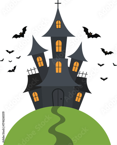 Spooky haunted castle on a green hill with bats flying around for halloween celebrations isolated on transparent background