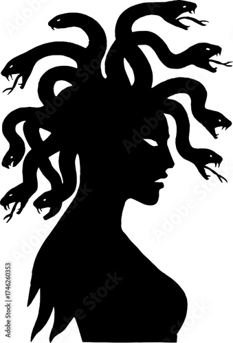 Silhouette of Medusa human with snake hair - myth horror design vector with white background 