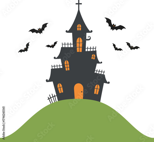 Spooky haunted house on a hill with flying bats silhouette for halloween decorations and graphics isolated on transparent background