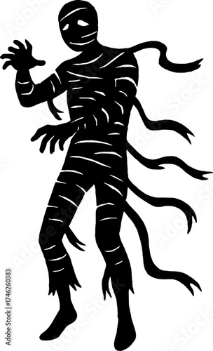 Silhouette of mummy figure with bandages unraveling - undead horror vector with white background 