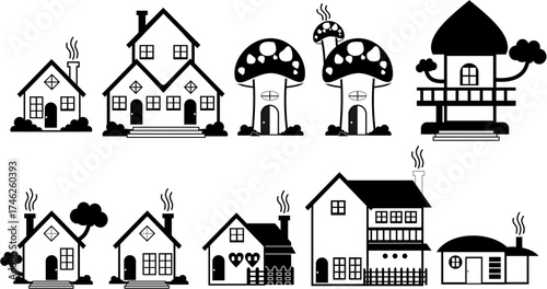 A charming black and white vector set of diverse fantasy homes and fairy-tale houses. Includes classic cottages, unique mushroom dwellings, and treehouse designs with chimney smoke details.