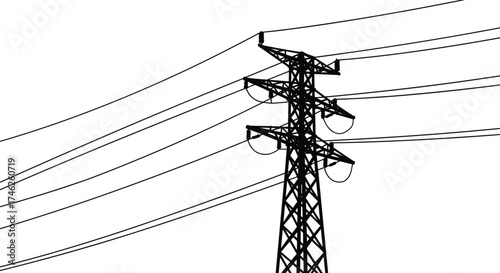 Black electricity transmission tower silhouette with multiple power lines, industrial energy structure, utility grid infrastructure vector illustration for energy design