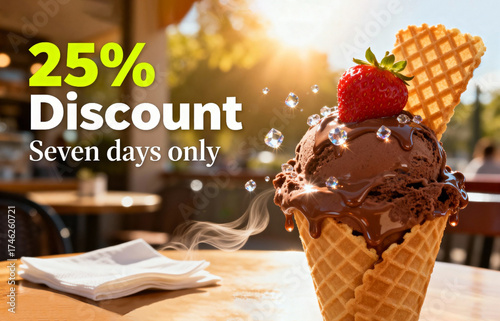 Delicious ice cream cone with chocolate ice cream and strawberry on a sunny day with promotional text