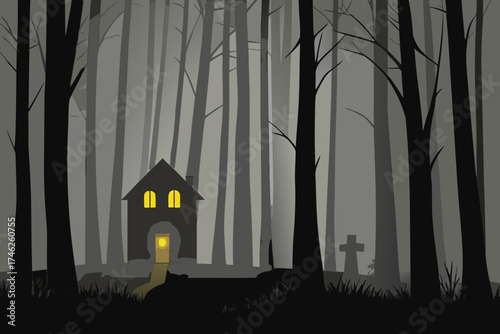 a spooky haunted house stands within a dark and eerie forest
