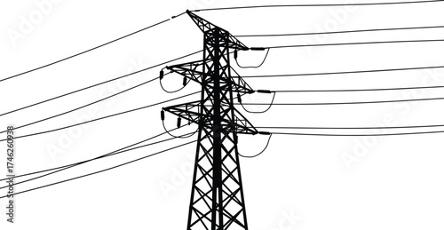 Black electricity transmission tower with power lines vector silhouette representing high voltage grid, industrial energy distribution, and utility infrastructure design