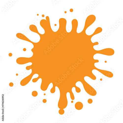 An abstract orange splash with varying sized droplets and circular form