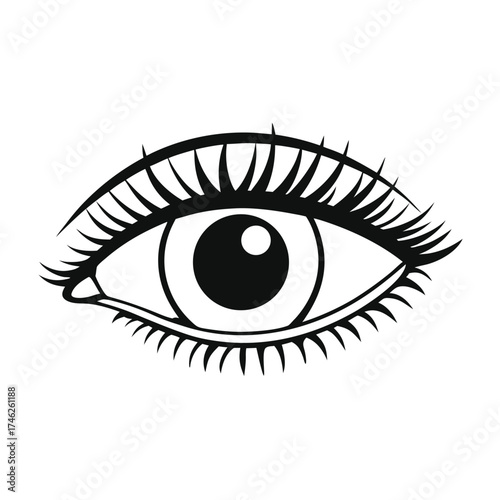 A simple black and white illustration of a human eye with long lashes