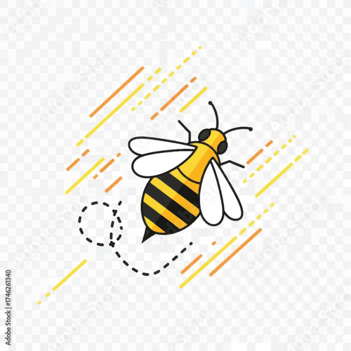 Cartoon Bee with Black Stripes and White Wings Flying.