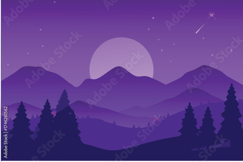 Purple nightscape showing a full moon over silhouetted mountains and trees