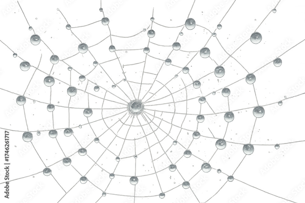 Obraz premium Spider web connecting transparent dewdrops, showing nature's intricate network and delicate moisture on clear background