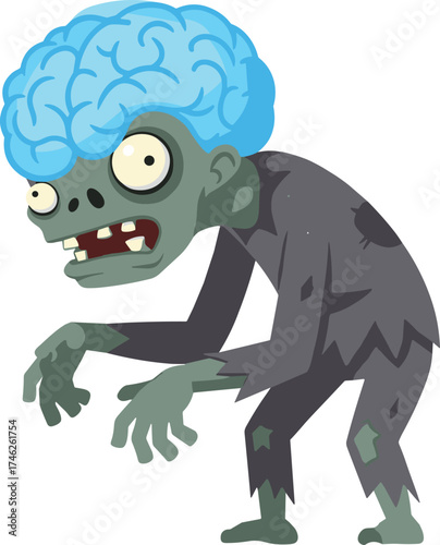 Cartoon zombie character, exposed blue brain, greenish skin, tattered outfit, bulging eyes, Halloween illustration, undead creature, scary monster, humorous horror