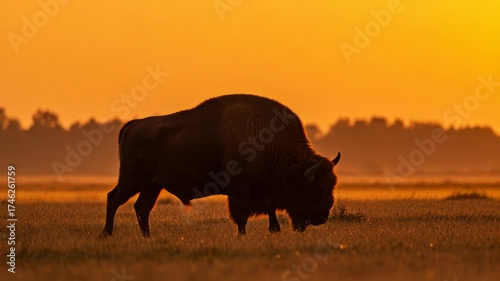 Silhouette of a bison grazing in a field at sunrise with warm orange sky