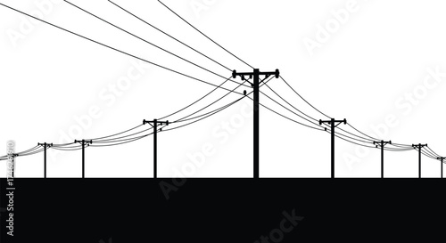 Black silhouette illustration of electric power poles with connecting wires in rural landscape, minimalist vector background for energy infrastructure design
