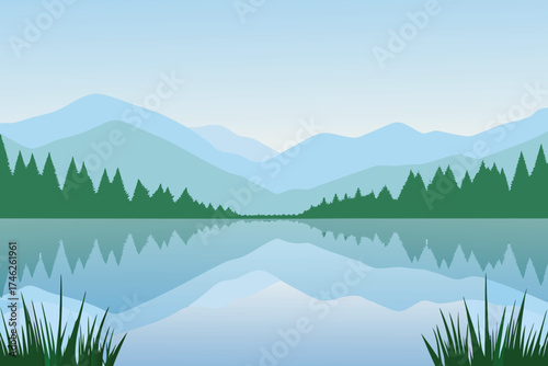 Serene landscape with mountains reflective lake and lush green vegetation