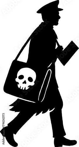 Silhouette of postman carrying bag with skull symbol - horror twist vector with white background 