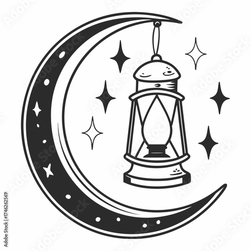 Crescent moon with a lantern and stars in a whimsical drawing style