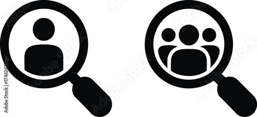 Human resources and recruitment magnifying glass black and white vector graphic